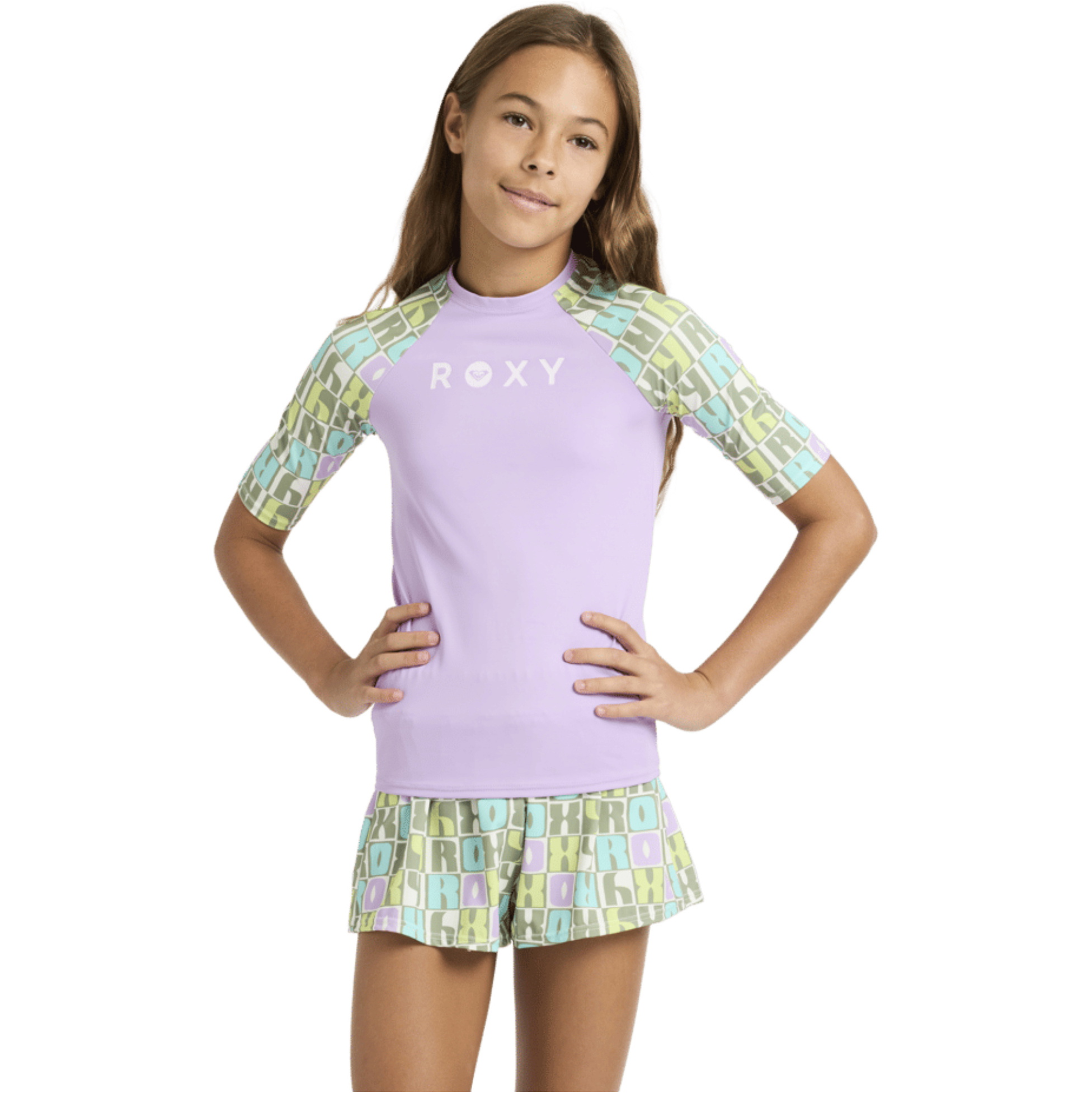 2026 Roxy Junior Roxy Active Short Sleeve Lycra Rash Vest ERGWR03486 - Oil Green Letter Up